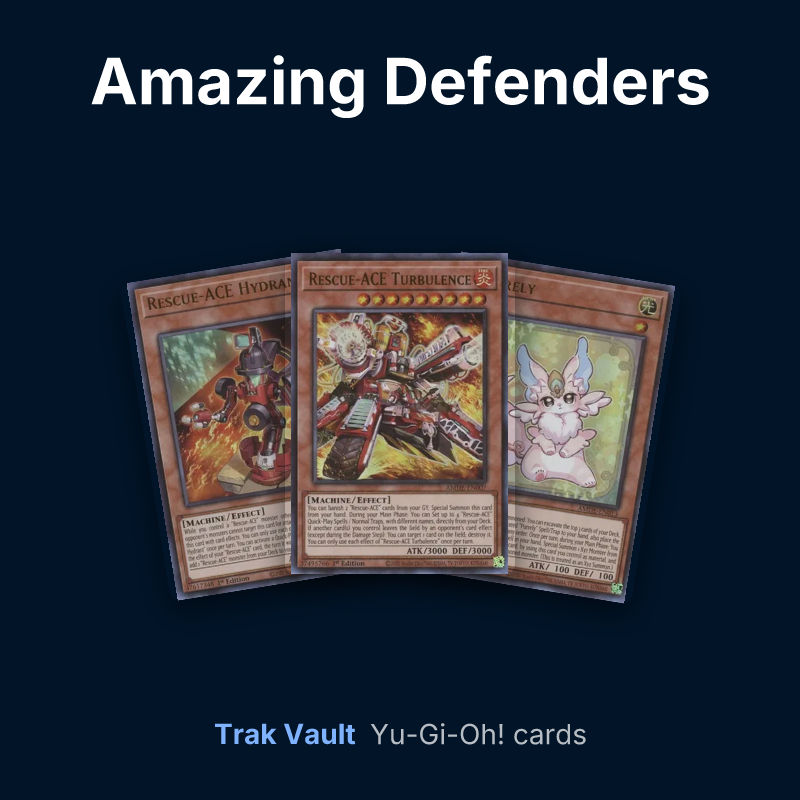 Amazing Defenders Yu-Gi-Oh! cards: Rescue-ACE Hydrant, Rescue-ACE Turbulence and Purrely