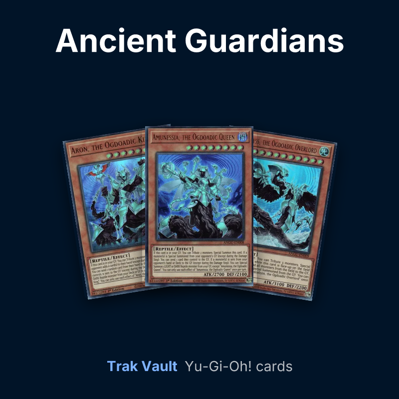 Ancient Guardians Yu-Gi-Oh! cards: Aron, the Ogdoadic King, Amunessia, the Ogdoadic Queen and Ogdoabyss, the Ogdoadic Overlord