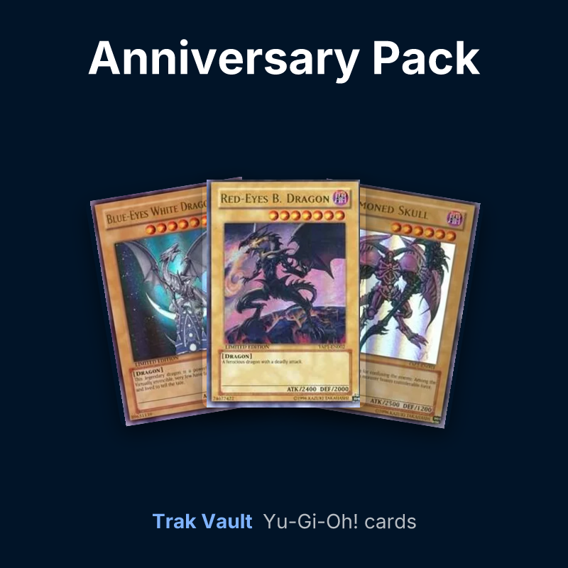 Anniversary Pack Yu-Gi-Oh! cards: Blue-Eyes White Dragon, Red-Eyes Black Dragon and Summoned Skull