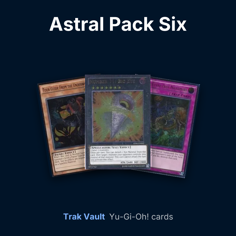 Astral Pack Six Yu-Gi-Oh! cards: Tour Guide From the Underworld, Number 11: Big Eye and Traptrix Trap Hole Nightmare