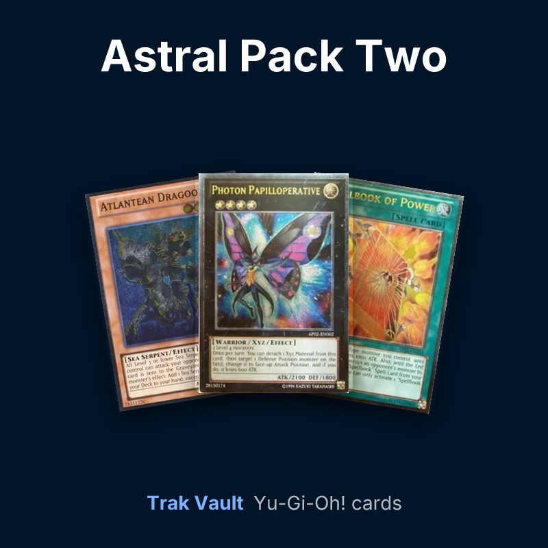 Astral Pack Two Yu-Gi-Oh! cards: Atlantean Dragoons, Photon Papilloperative and Spellbook of Power