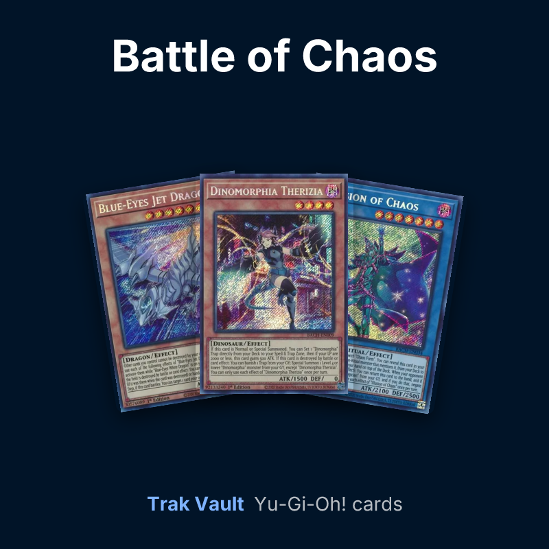 Battle of Chaos Yu-Gi-Oh! cards: Blue-Eyes Jet Dragon, Dinomorphia Therizia and Illusion of Chaos
