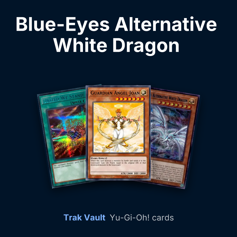 Blue-Eyes Alternative White Dragon Sweepstakes Yu-Gi-Oh! cards: United We Stand, Guardian Angel Joan and Blue-Eyes Alternative White Dragon