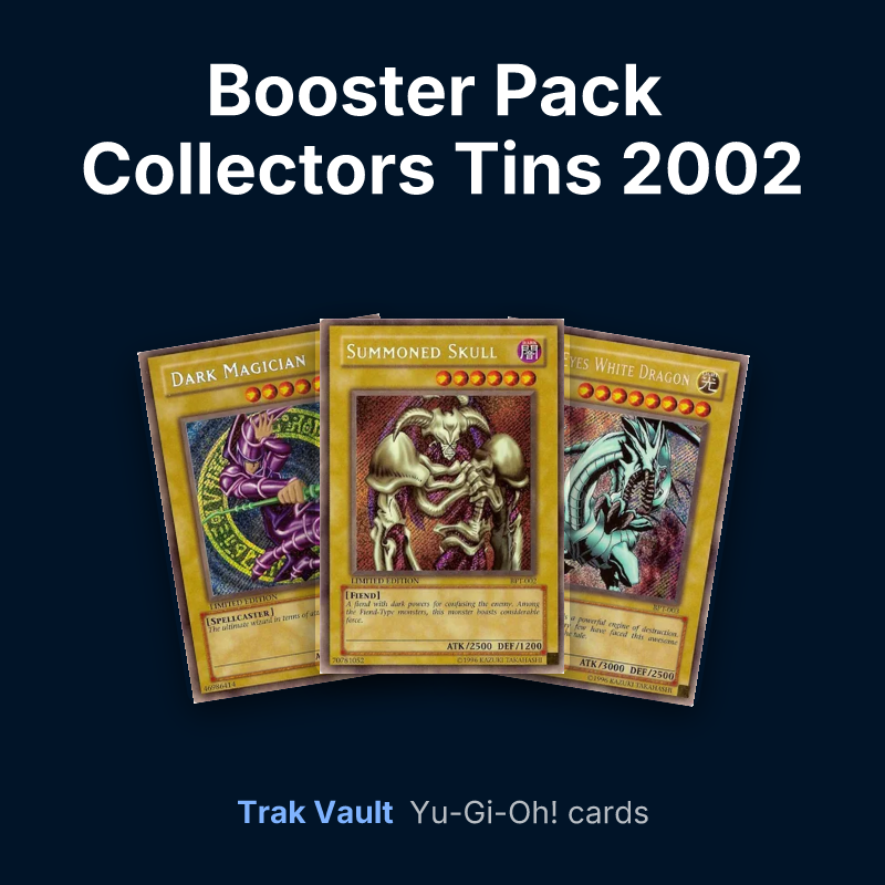 Booster Pack Collectors Tins 2002 Yu-Gi-Oh! cards: Dark Magician, Summoned Skull and Blue-Eyes White Dragon