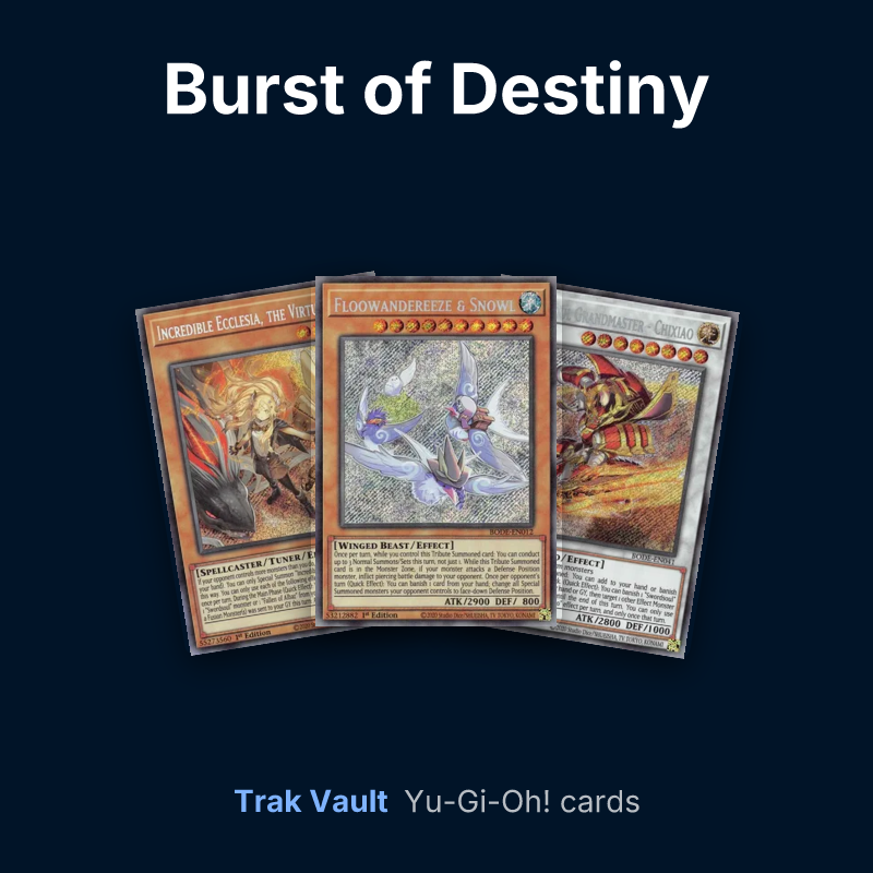 Burst of Destiny Yu-Gi-Oh! cards: Incredible Ecclesia, the Virtuous, Floowandereeze & Snowl and Swordsoul Grandmaster - Chixiao