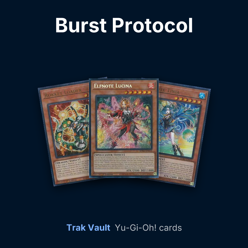 Burst Protocol Yu-Gi-Oh! cards: Rokket Loader, Elfnote Lucina and Elfnote Tinia