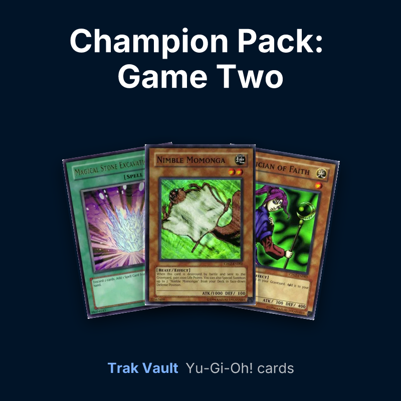 Champion Pack: Game Two Yu-Gi-Oh! cards: Magical Stone Excavation, Nimble Momonga and Magician of Faith