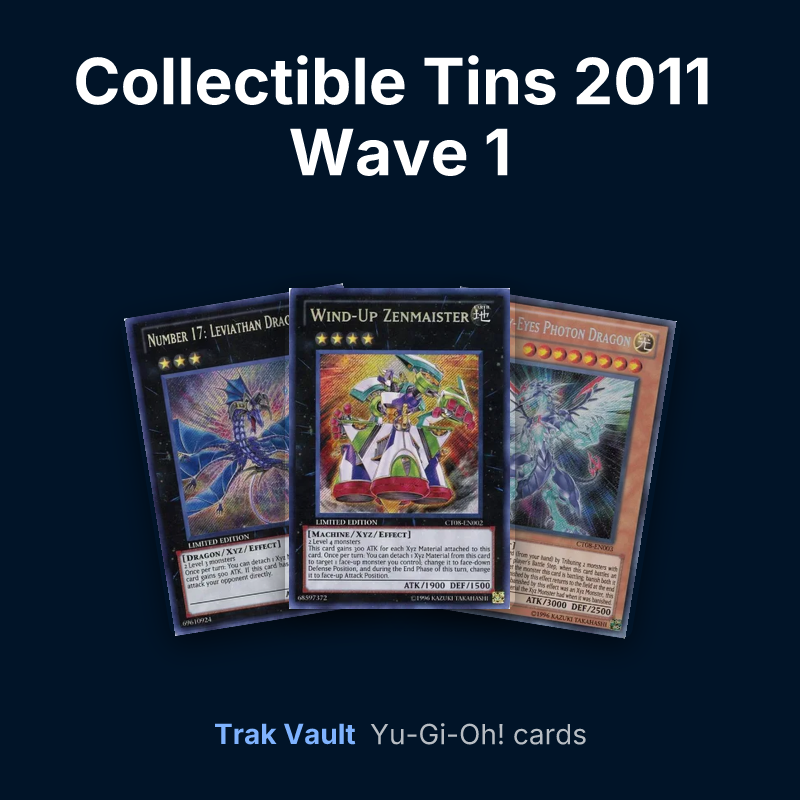 Collectible Tins 2011 Wave 1 Yu-Gi-Oh! cards: Number 17: Leviathan Dragon, Wind-Up Zenmaister and Galaxy-Eyes Photon Dragon
