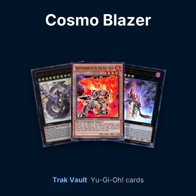 Cosmo Blazer Yu-Gi-Oh! cards: Number 92: Heart-eartH Dragon, Brotherhood of the Fire Fist - Bear and Number 53: Heart-eartH