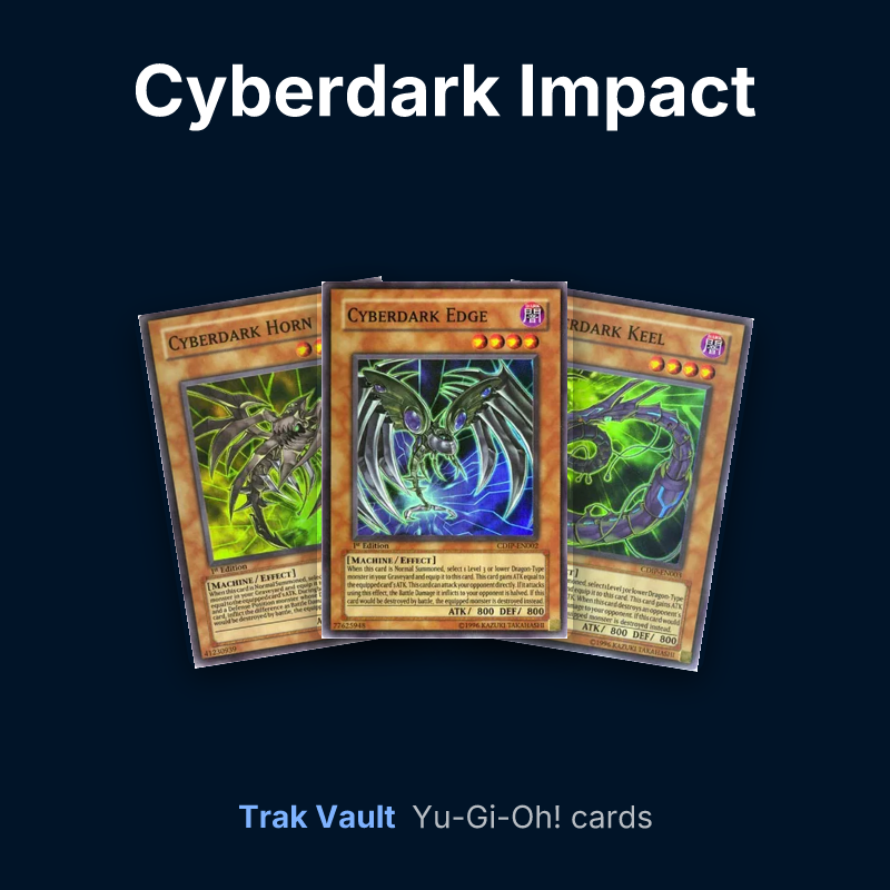 Cyberdark Impact Yu-Gi-Oh! cards: Cyberdark Horn, Cyberdark Edge and Cyberdark Keel