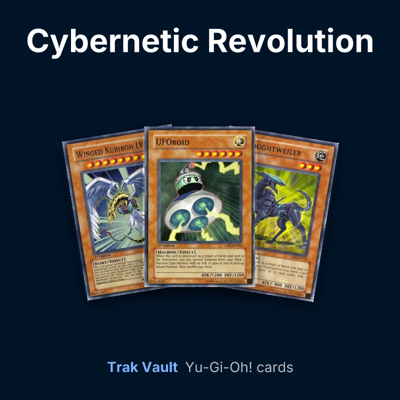Cybernetic Revolution Yu-Gi-Oh! cards: Winged Kuriboh LV10, UFOroid and Wroughtweiler