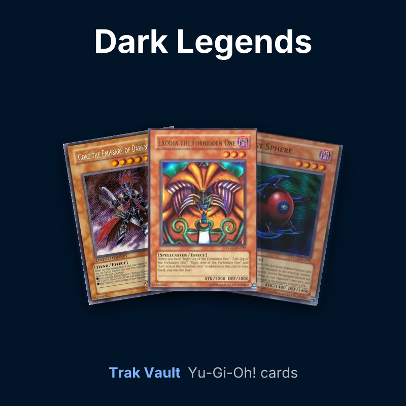Dark Legends Yu-Gi-Oh! cards: Gorz the Emissary of Darkness, Exodia the Forbidden One and Blast Sphere