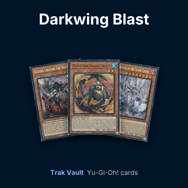 Darkwing Blast Yu-Gi-Oh! cards: Blazing Cartesia, the Virtuous, Mitsu the Insect Ninja and Lady Labrynth of the Silver Castle
