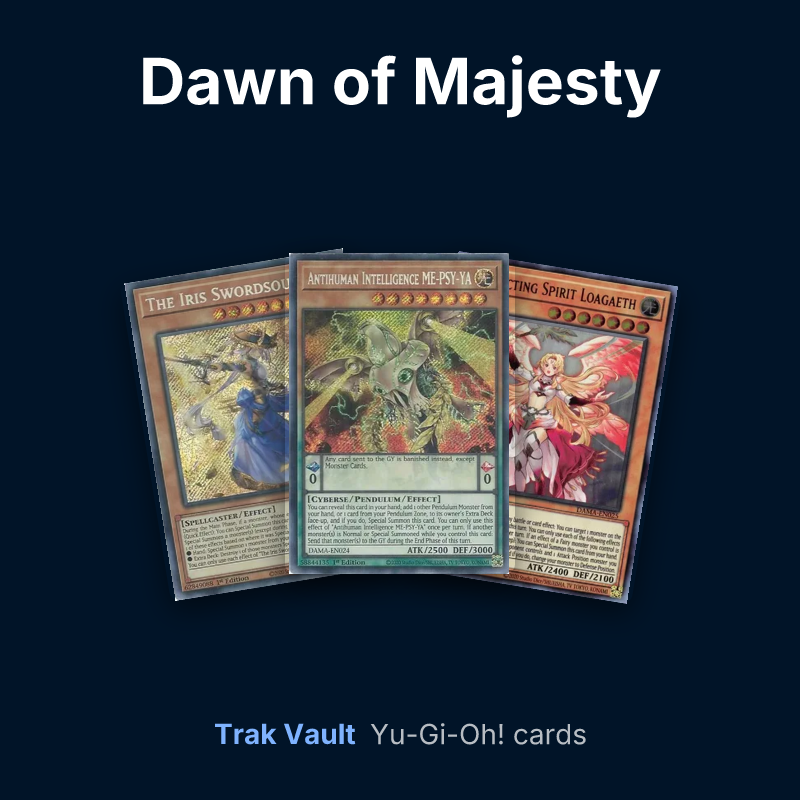 Dawn of Majesty Yu-Gi-Oh! cards: The Iris Swordsoul, Antihuman Intelligence ME-PSY-YA and Protecting Spirit Loagaeth