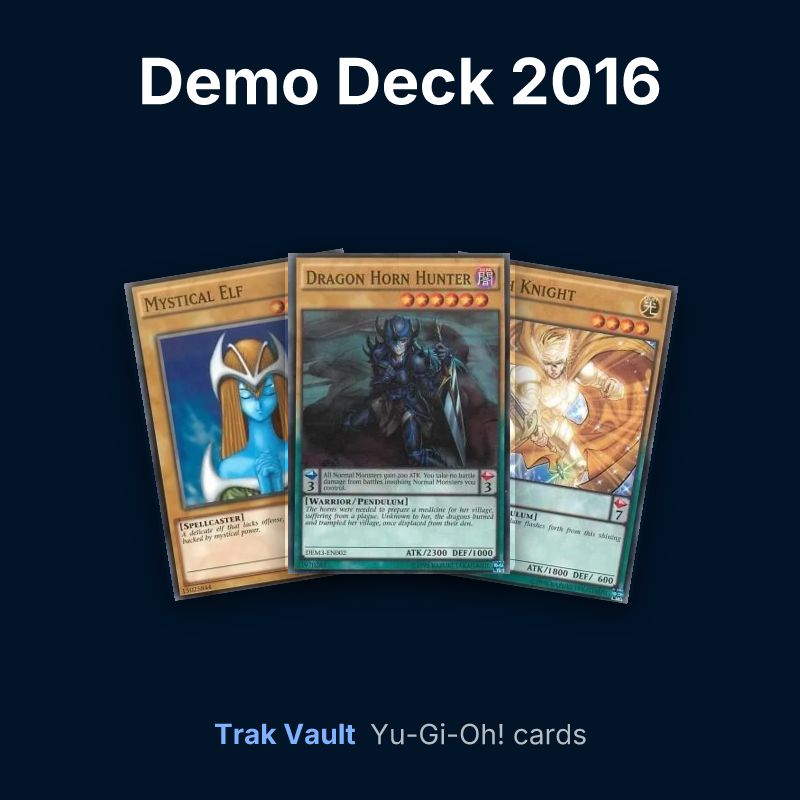 Demo Deck 2016 Yu-Gi-Oh! cards: Mystical Elf, Dragon Horn Hunter and Flash Knight