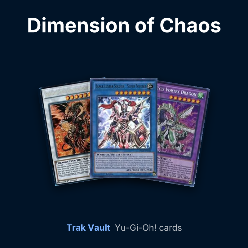 Dimension of Chaos Yu-Gi-Oh! cards: Scarlight Red Dragon Archfiend, Black Luster Soldier - Super Soldier and Odd-Eyes Vortex Dragon