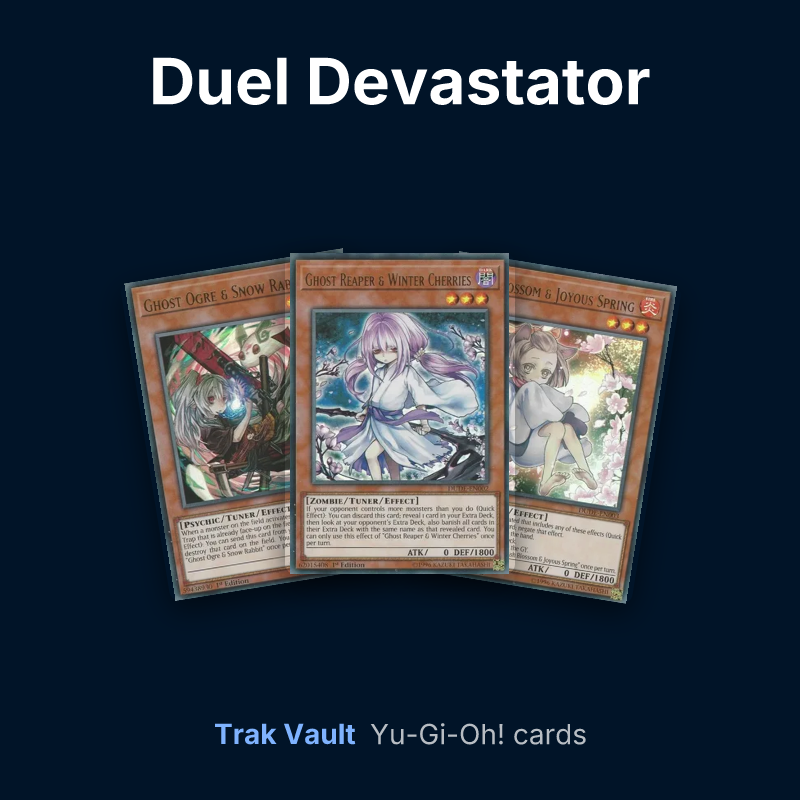 Duel Devastator Yu-Gi-Oh! cards: Ghost Ogre & Snow Rabbit, Ghost Reaper & Winter Cherries and Ash Blossom & Joyous Spring