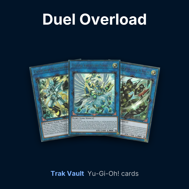 Duel Overload Yu-Gi-Oh! cards: Crystron Halqifibrax, Celestial Knightlord Parshath and Alien Shocktrooper M-Frame