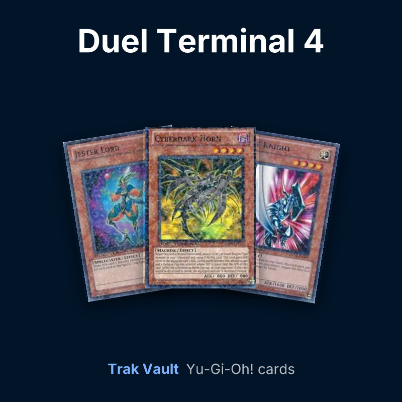 Duel Terminal 4 Yu-Gi-Oh! cards: Jester Lord, Cyberdark Horn and Blade Knight