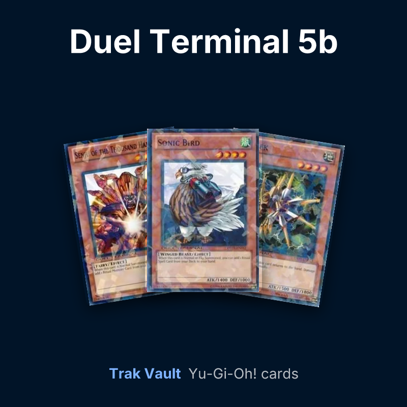 Duel Terminal 5b Yu-Gi-Oh! cards: Senju of the Thousand Hands, Sonic Bird and Kelbek