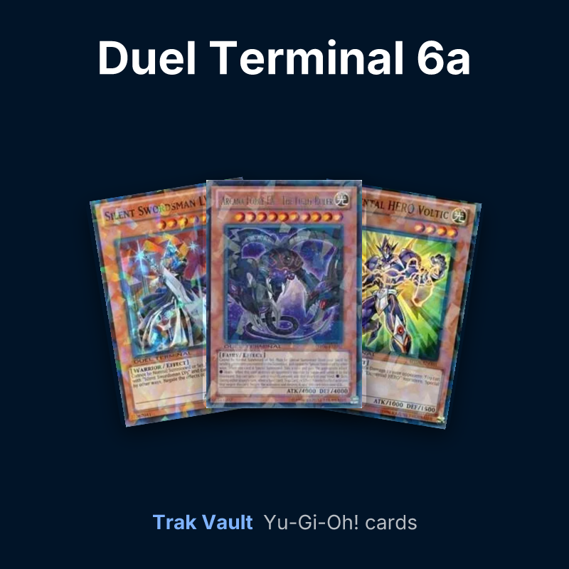 Duel Terminal 6a Yu-Gi-Oh! cards: Silent Swordsman LV7, Arcana Force EX - The Light Ruler and Elemental HERO Voltic