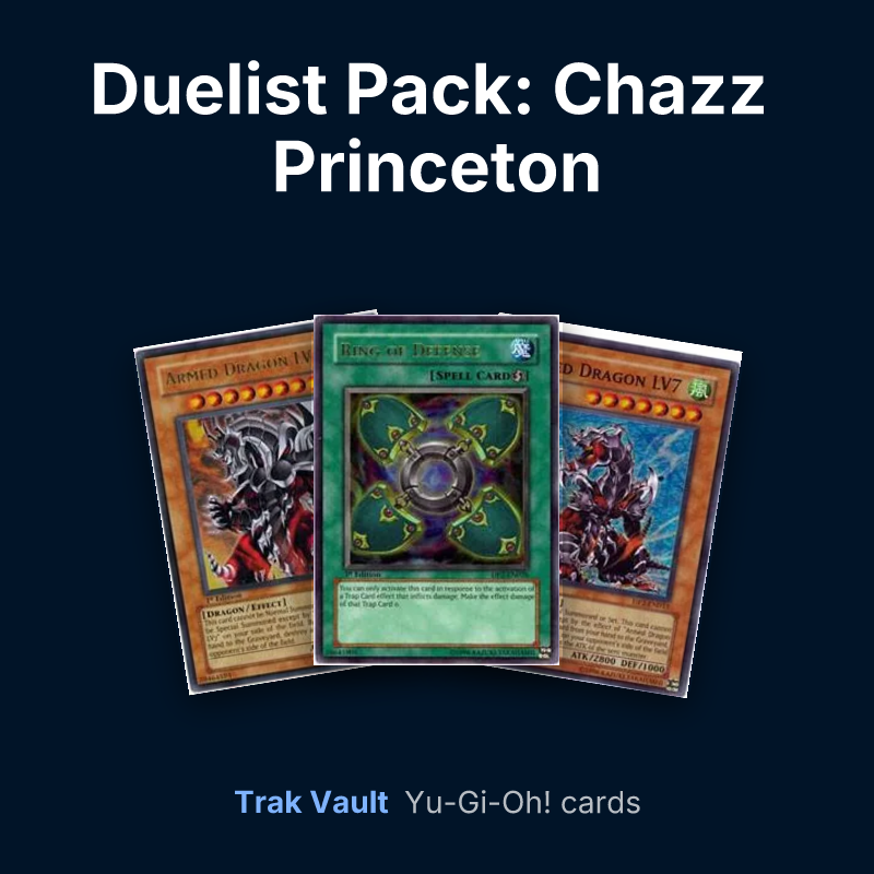 Duelist Pack: Chazz Princeton Yu-Gi-Oh! cards: Armed Dragon LV10, Ring of Defense and Armed Dragon LV7