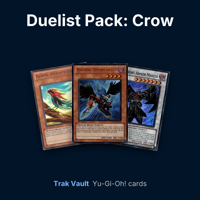 Duelist Pack: Crow Yu-Gi-Oh! cards: Blackwing - Jetstream the Blue Sky, Blackwing - Zephyros the Elite and Blackwing Armor Master