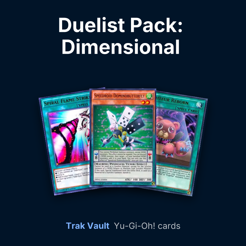 Duelist Pack: Dimensional Guardians Yu-Gi-Oh! cards: Spiral Flame Strike, Speedroid Dominobutterfly and Frightfur Reborn