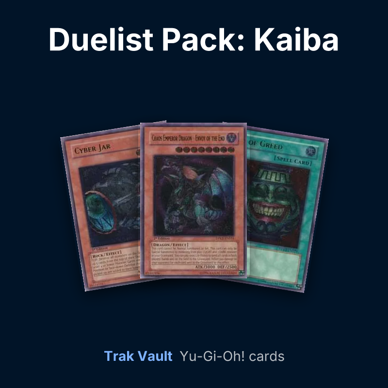 Duelist Pack: Kaiba Yu-Gi-Oh! cards: Cyber Jar, Chaos Emperor Dragon - Envoy of the End and Pot of Greed