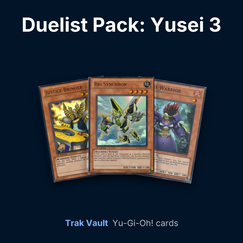 Duelist Pack: Yusei 3 Yu-Gi-Oh! cards: Justice Bringer, Bri Synchron and Boost Warrior