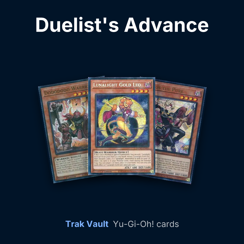 Duelist's Advance Yu-Gi-Oh! cards: Dodododo Warrior, Lunalight Gold Leo and Medius the Pure