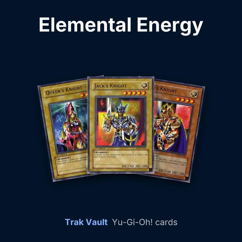 Elemental Energy Yu-Gi-Oh! cards: Queen's Knight, Jack's Knight and King's Knight