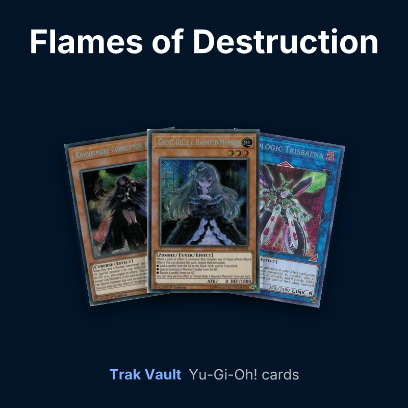 Flames of Destruction Yu-Gi-Oh! cards: Knightmare Corruptor Iblee, Ghost Belle & Haunted Mansion and Topologic Trisbaena