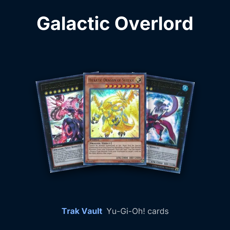 Galactic Overlord Yu-Gi-Oh! cards: Neo Galaxy-Eyes Photon Dragon, Hieratic Dragon of Sutekh and Number 32: Shark Drake