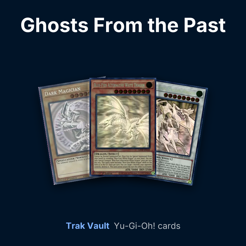 Ghosts From the Past Yu-Gi-Oh! cards: Dark Magician, Blue-Eyes Alternative White Dragon and Crystal Wing Synchro Dragon