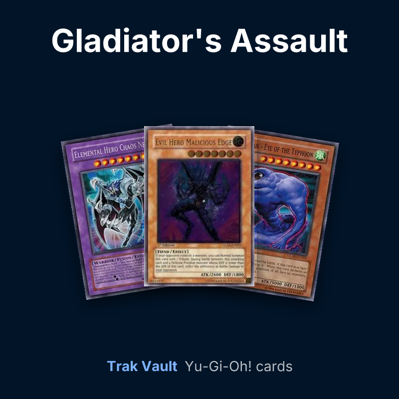 Gladiator's Assault Yu-Gi-Oh! cards: Elemental HERO Chaos Neos, Evil HERO Malicious Edge and Cloudian - Eye of the Typhoon