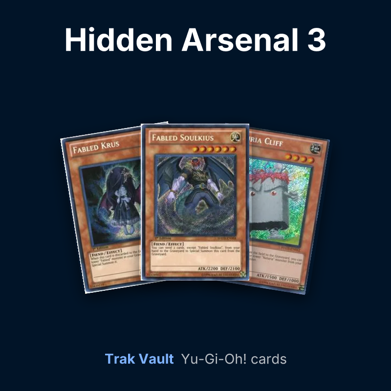 Hidden Arsenal 3 Yu-Gi-Oh! cards: Fabled Krus, Fabled Soulkius and Naturia Cliff