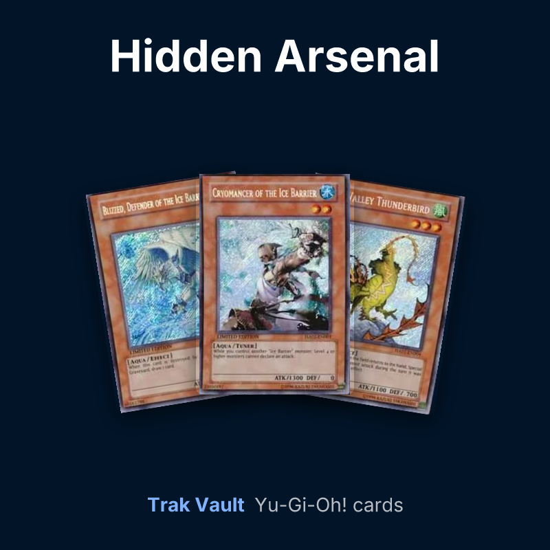 Hidden Arsenal Yu-Gi-Oh! cards: Blizzed, Defender of the Ice Barrier, Cryomancer of the Ice Barrier and Mist Valley Thunderbird