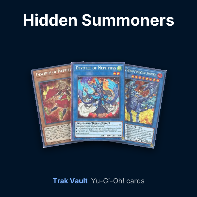 Hidden Summoners Yu-Gi-Oh! cards: Disciple of Nephthys, Devotee of Nephthys and Cerulean Sacred Phoenix of Nephthys
