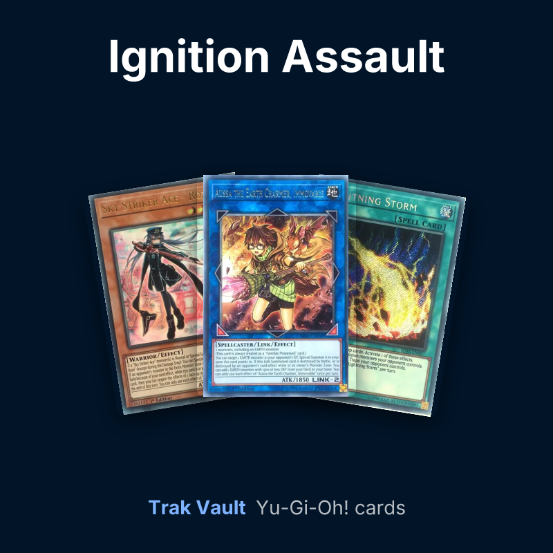 Ignition Assault Yu-Gi-Oh! cards: Sky Striker Ace - Roze, Aussa the Earth Charmer, Immovable and Lightning Storm