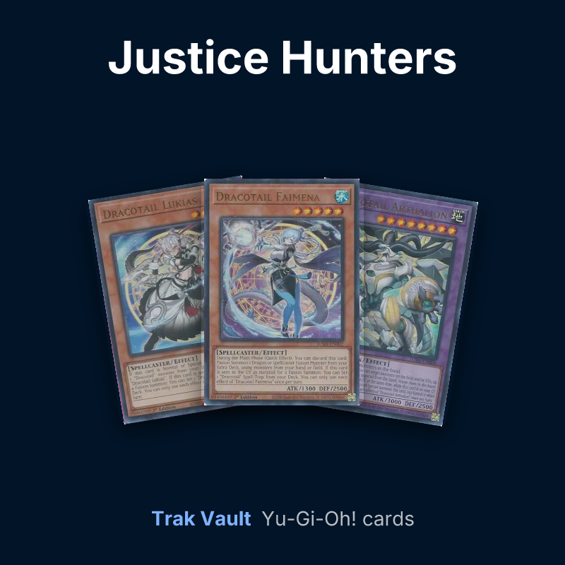 Justice Hunters Yu-Gi-Oh! cards: Dracotail Lukias, Dracotail Faimena and Dracotail Arthalion