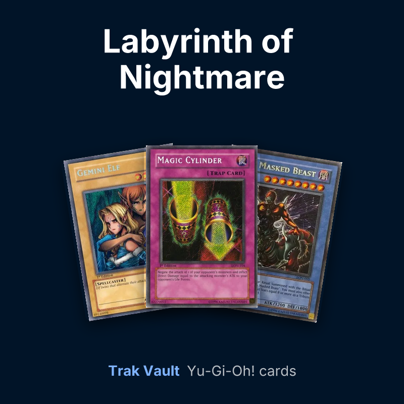 Labyrinth of Nightmare Yu-Gi-Oh! cards: Gemini Elf, Magic Cylinder and The Masked Beast