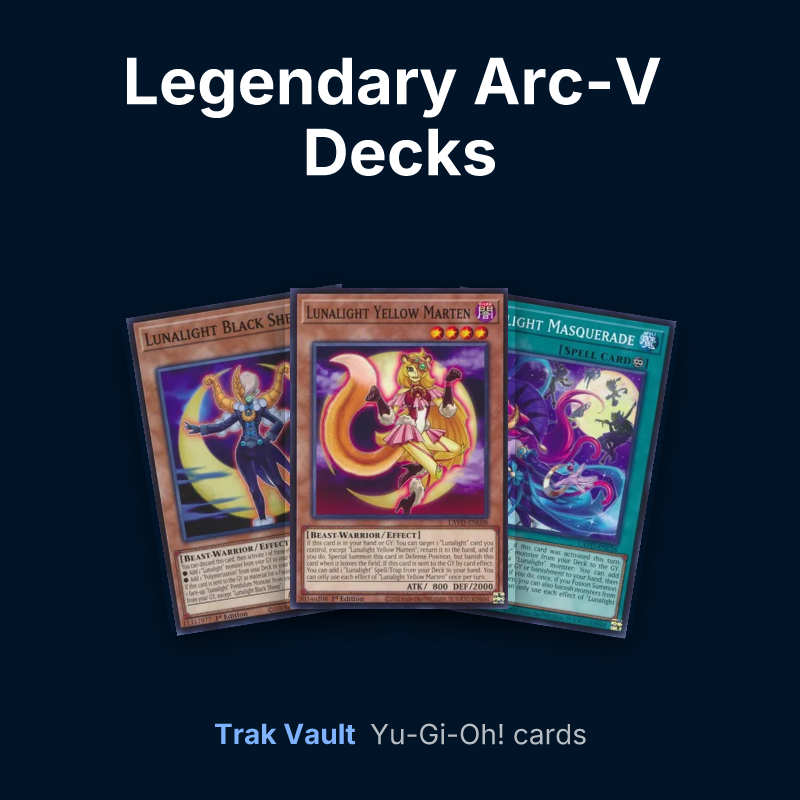 Legendary Arc-V Decks Yu-Gi-Oh! cards: Lunalight Black Sheep, Lunalight Yellow Marten and Lunalight Masquerade