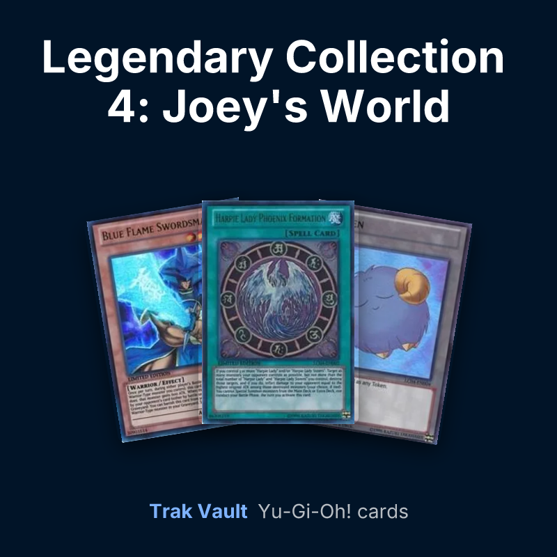 Legendary Collection 4: Joey's World Yu-Gi-Oh! cards: Blue Flame Swordsman, Harpie Lady Phoenix Formation and Sheep Token