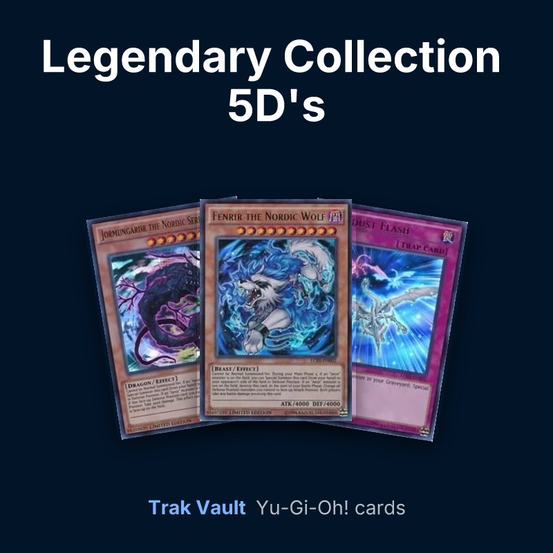 Legendary Collection 5D's Yu-Gi-Oh! cards: Jormungardr the Nordic Serpent, Fenrir the Nordic Wolf and Stardust Flash