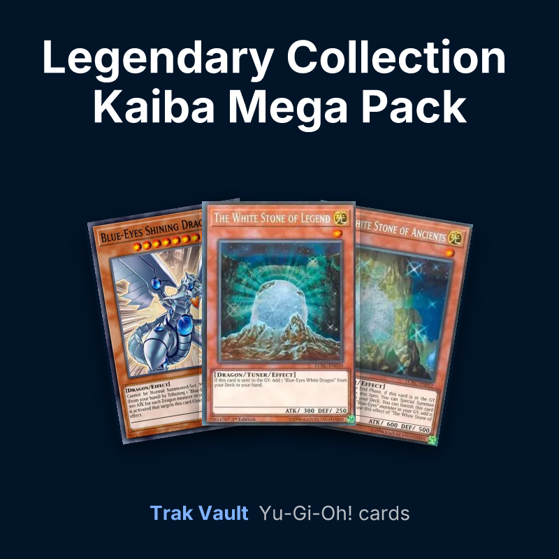 Legendary Collection Kaiba Mega Pack Yu-Gi-Oh! cards: Blue-Eyes Shining Dragon, The White Stone of Legend and The White Stone of Ancients