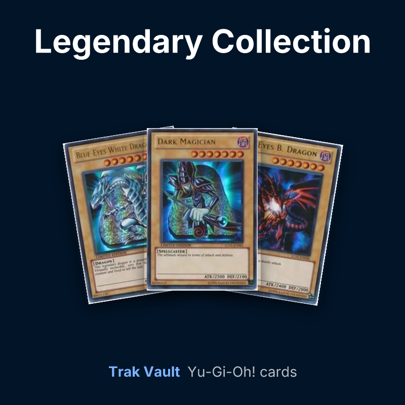 Legendary Collection Yu-Gi-Oh! cards: Blue-Eyes White Dragon, Dark Magician and Red-Eyes Black Dragon