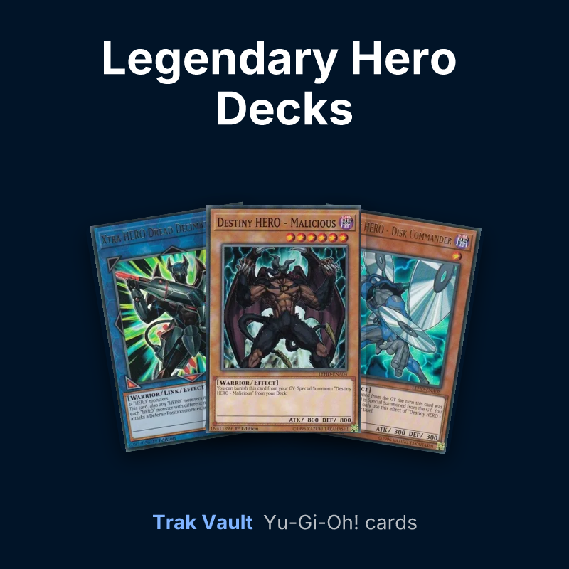 Legendary Hero Decks Yu-Gi-Oh! cards: Xtra HERO Dread Decimator, Destiny HERO - Malicious and Destiny HERO - Disk Commander
