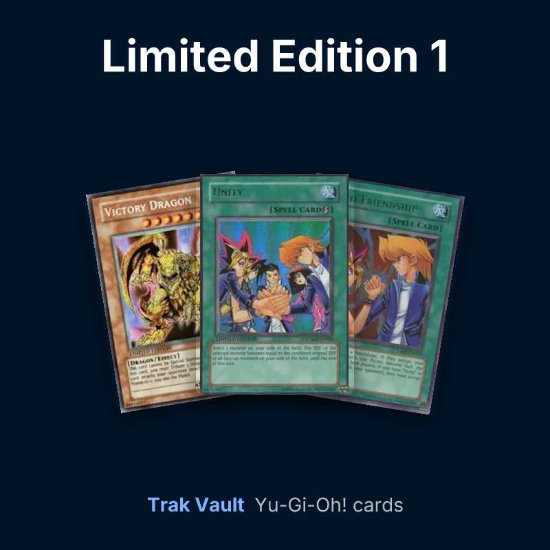 Limited Edition 1 Yu-Gi-Oh! cards: Victory Dragon, Unity and Yu-Jo Friendship