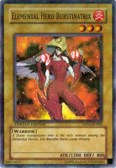 Elemental HERO Burstinatrix — Mattel Action Figure promotional cards: Series 3